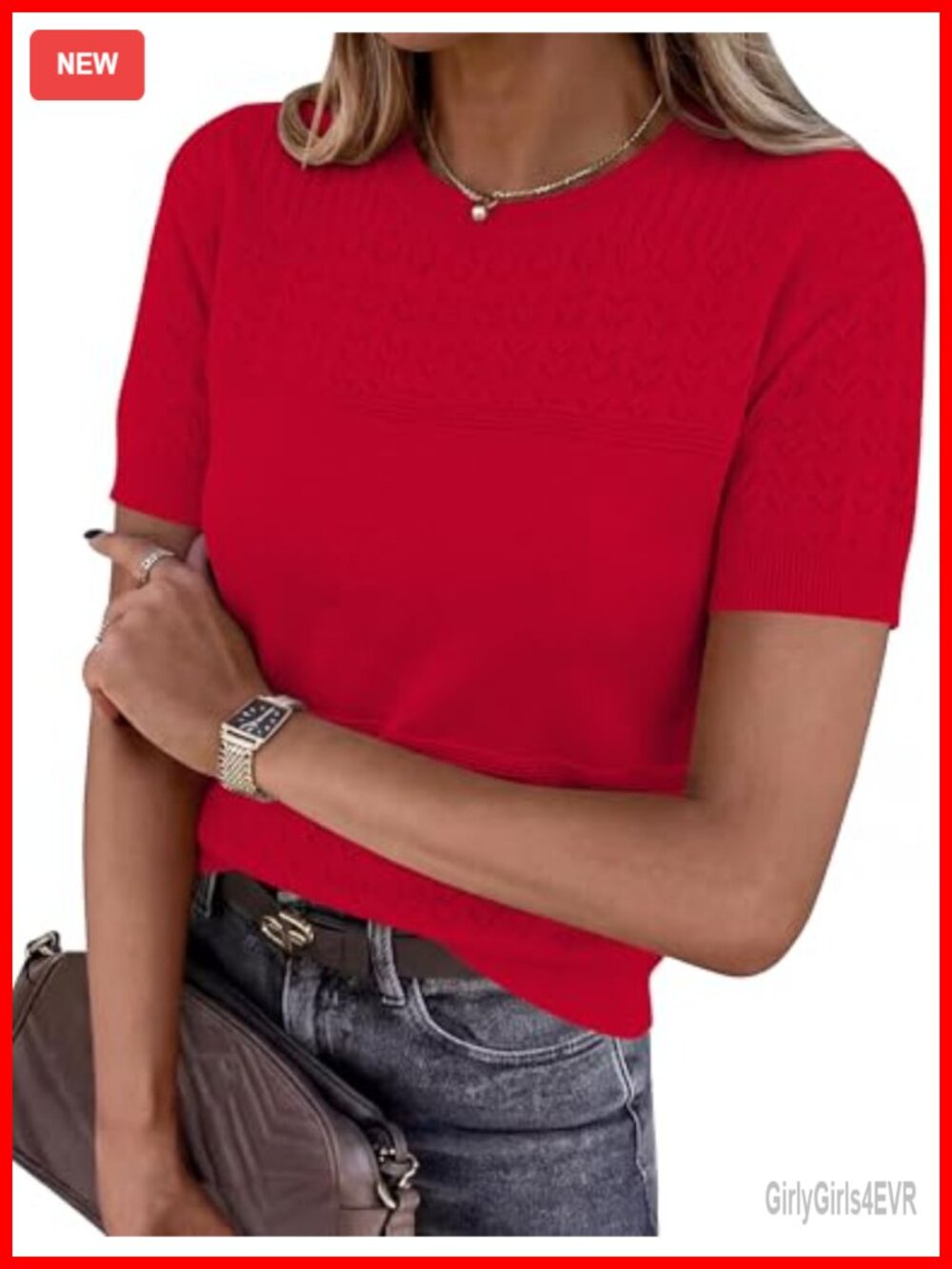 Women's Short Sleeve Sweater Crew Neck Hollow Out Knit Blouse